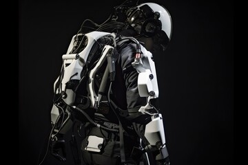 Wearable robotic exoskeleton suit. Wearable robotic devices, power armor, powered armor, powered suit, mobile machine that is wearable over all or part of the human body. AI generative - obrazy, fototapety, plakaty