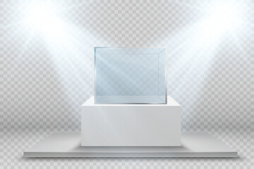 Glass showcase for the exhibition in the form of a cube. Background for sale illuminated by spotlights. Museum glass box isolated advertising or business design boutique. Exhibition hall.
