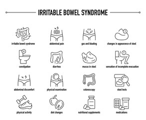 Irritable Bowel Syndrome symptoms, diagnostic and treatment vector icon set. Line editable medical icons.