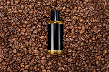 Cosmetics oil jar on coffee beans background. Cosmetics jar mock up. Oil jar empty glass jar....