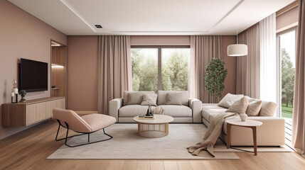 Obraz na płótnie Canvas Modern living room interior design. Illustration AI Generative.
