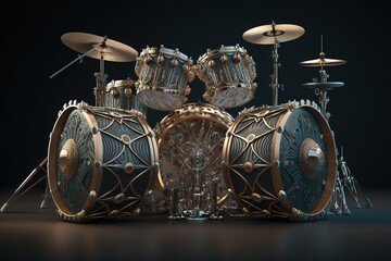A black drum kit in gold rims with a lot of small details in the cyberpunk style is depicted on a dark background. ai generation