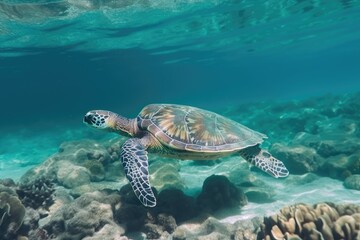 Obraz na płótnie Canvas Green sea turtle gracefully swimming in clear blue ocean waters. Generative AI