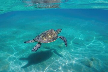Obraz premium Green sea turtle gracefully swimming in clear blue ocean waters. Generative AI