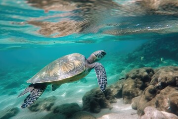 Green sea turtle gracefully swimming in clear blue ocean waters. Generative AI