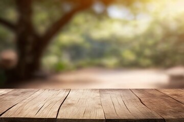 Rustic wooden table with blurred forest in the background. Generative AI