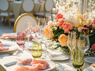 Luxury elegant wedding reception table arrangement and floral centerpiece - wedding banquet and event outdoor