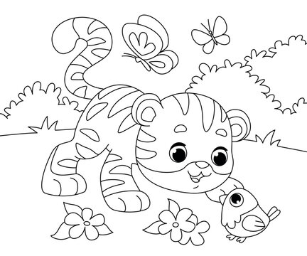 Clipart tiger cub and parrot for coloring. Black and white linear image of an animal and a bird. baby picture vector.