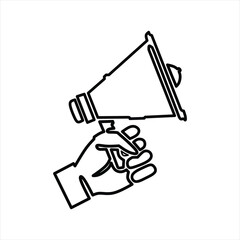 One line hand with megaphone. Person hold loudspeaker in continuous lines style. Symbol of sale, hiring or event announcement vector concept