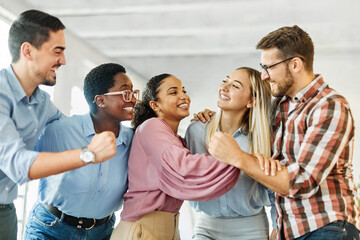 Obraz premium business meeting office teamwork woman celebrating success group unity togetherness businesswoman businessman startup partnership student education happy cheerful