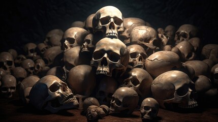 Awesome pile of skull human and bone. Created with Generative AI.
