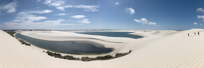 Obraz na płótnie Canvas breathtaking aerial white sand view of dunes and lagoons, showcasing the natural beauty of the desert and its unique blue and green lagoons. generative AI