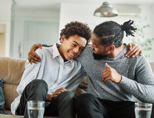 father son family man child conversation talking parent boy happy discussion communication together togetherness bonding care black home talk love dad fun leisure joy - obrazy, fototapety, plakaty