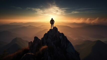 silhouette of man on top of mountain peak at sunset. Created with generative AI.