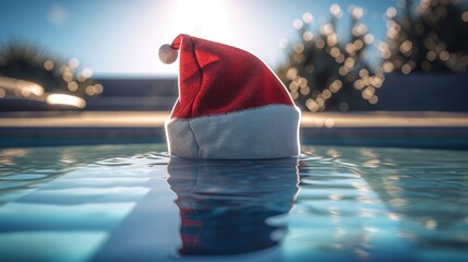 Christmas hat by the swimmingpool. Created with Generative AI.