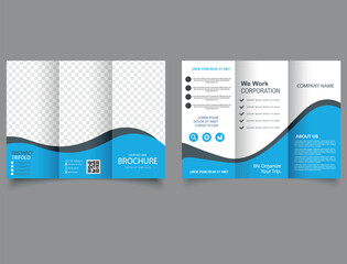 Trifold brochure with blue waves. Editable vector templates with design elements.