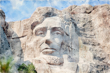 Fototapeta na wymiar Digitally created watercolor painting of Abraham Lincoln portrait on Mount Rushmore