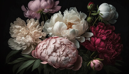Floral bouquet with pink peonies green leaves generated by AI