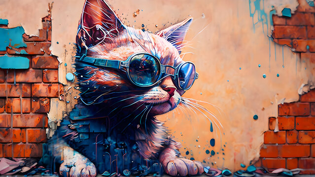 cyberpunk cat in sunglasses, high-heeled shoes, on the background of a red brick wall, bright street graffiti, generated in AI