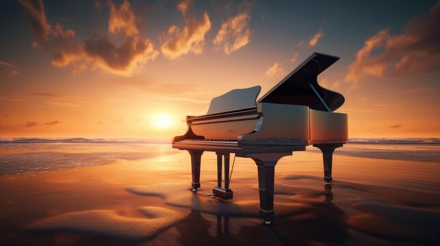 grand piano in scenic sunset beach. Created with generative AI.