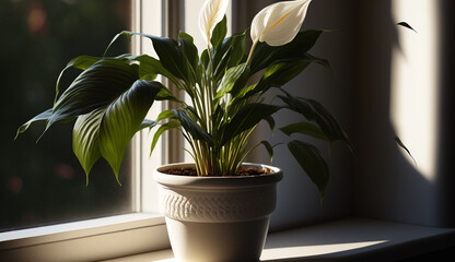 Green plant in vase on windowsill indoors generated by AI