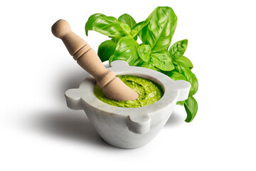 Genoese pesto sauce with mortar and ingredients isolated on white background