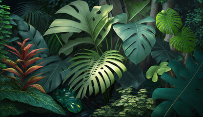 Green forest foliage with vibrant tropical colors generated by AI