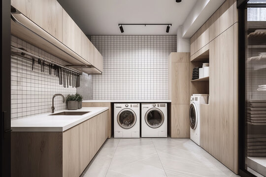 modern kitchen interior with kitchen - laundry room