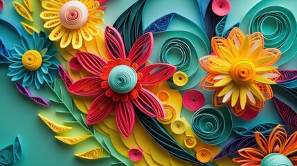 Fototapeta na wymiar Spring Flowers 3D Wallpaper With Paper Quilling