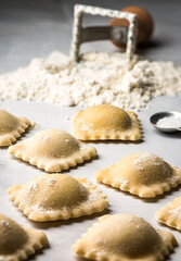 Fresh winter squash and cheese raviolli, uncooked.