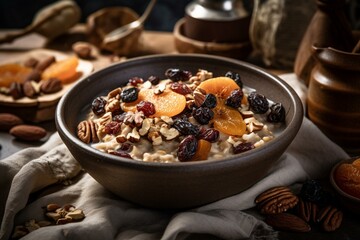 Proper Nutrition: A bowl of oatmeal with nuts and dried fruit. Generative AI