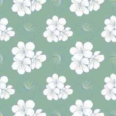 Fototapeta na wymiar Apricot tree flowers on green background, seamless pattern, Blossom, Spring, Floral background, Fabric design, Wallpaper