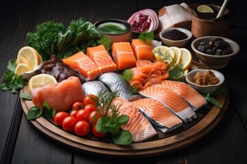 Proper Nutrition: A platter of fresh seafood, such as salmon or shrimp. Generative AI