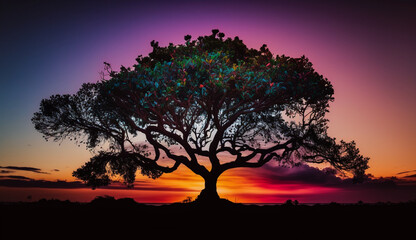 Fototapeta na wymiar Silhouette tree against multi colored dusk sky horizon generated by AI
