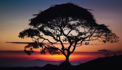 Sunset silhouette of acacia tree back lit beauty generated by AI
