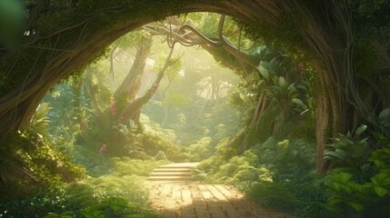 arch in an enchanted fairy forest landscape. Created with Generative AI. - obrazy, fototapety, plakaty
