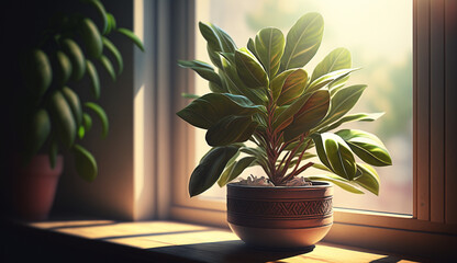 Green potted plant on windowsill sunlight streaming in generated by AI