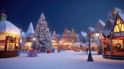 Obraz premium Christmas tree in the center of the fantasy square of the night city. Created with Generative AI.