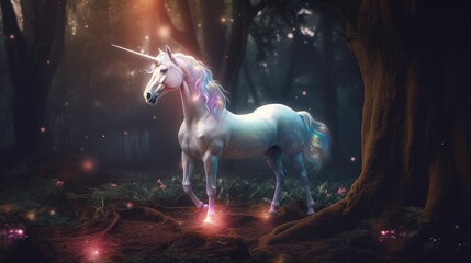 Obraz na płótnie Canvas Unicorn in a magical forest. Created with generative AI.