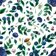 Seamless blueberry pattern with mushrooms and flowers. High quality illustration
