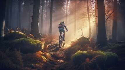 Obraz premium Mountainbiker rides in autumn forest. Created with generative AI.