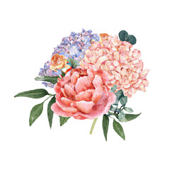 Elegance watercolor floral bouquet with hydrangea and peonies isolated on white background. Generative AI