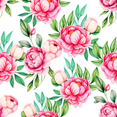 Watercolor Peonies seamless pattern. Elegant pink Floral hand pained wallpaper. Generate ai