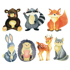 Forest animals watercolour set with bear, raccoon, fox, rabbit, hedgehog, deer and wolf isolated on white. High quality illustration