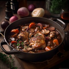 Deliciosa comida tradicional francesa, coq au vin. IA, generativa, IA generativa