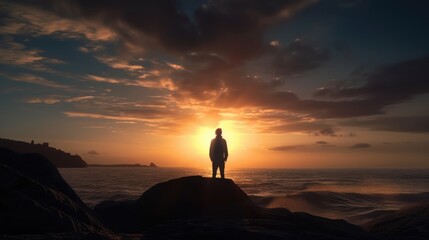 man the seashore looking at the horizon at sunset. Created with Generative AI.
