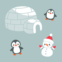 Cute christmas set with ice floes and igloo house, penguin, snowman, family. Winter set to demonstrate the nature of the Arctic. Cheerful children's print for textiles, clothes. Arctic vector