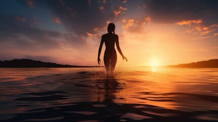 Fototapeta na wymiar woman dancing on the seashore at sunset. Created with Generative AI.