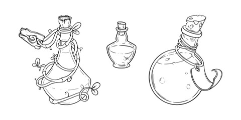 Potion bottles with magic poison. Alchemist bottles with tags. Sketch vector illustration isolated in white background