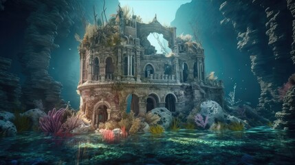 Fototapeta na wymiar old ruin castle under the sea. Created with Generative AI.